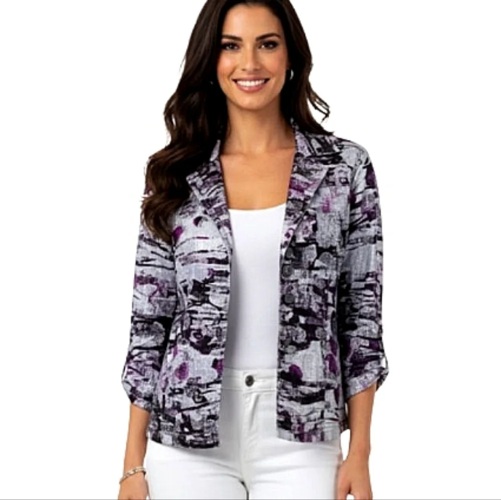 Chico's Laureena 100% Linen Foil Metallic Abstract Jacket Magnolia Pink/Purple